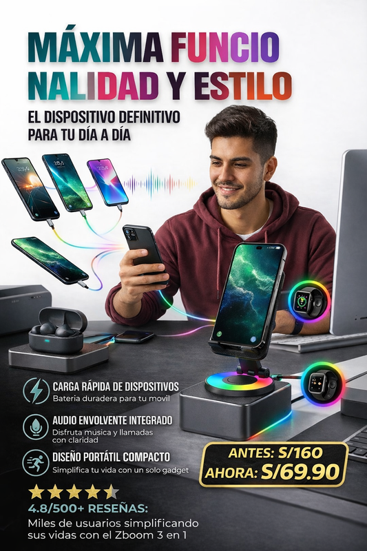 SOPORTE CON CARGADOR Y PARLANTE - ZBOOM 3 EN 1
